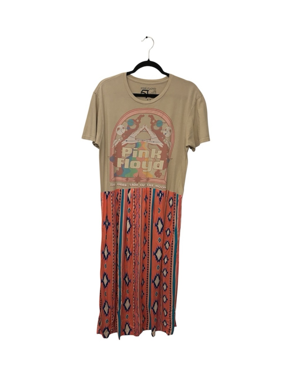 Pink Floyd Upcycled Maxi Dress with Tan Tee Top and Coral Patterned Skirt OSFM